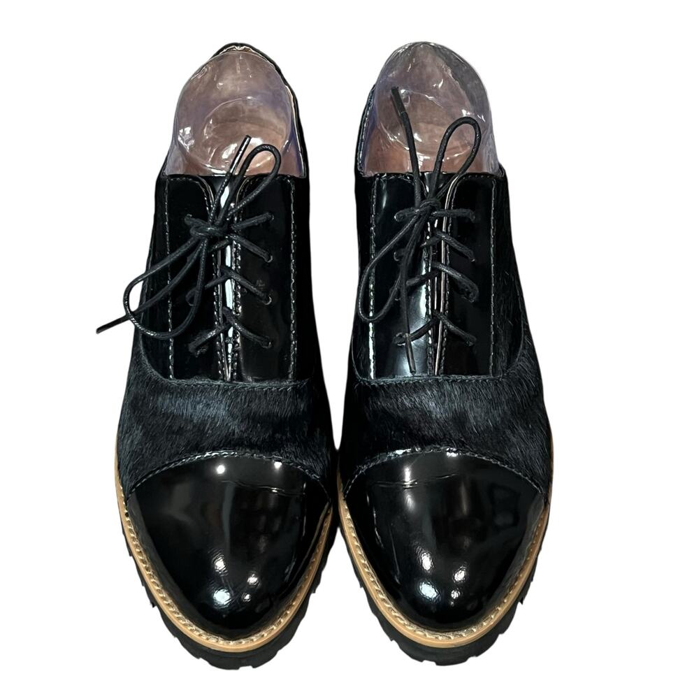 All Black Oxford Shoes Women US 9 EU 39.5 Black Calf Hair Patent Leather Cap Toe - Picture 3 of 13